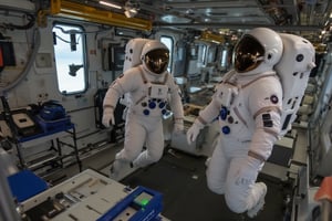 Two female astronauts float in zero gravity inside a space station, conversing with each other as they move through the station.,SpaceAstronaut