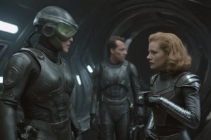 A tense standoff unfolds within the foggy confines of a retro-futuristic spaceship. Fritz Lang's protagonist stands firm, clad in worn leather and goggles,(( a reptile humanoid alien)) as two women and one man clad in steam-powered armor prepare for battle against an otherworldly foe. A striking female figure, donning a metallic spacesuit and 1910-era hairstyles, fixes her gaze on the encroaching extraterrestrial threat. Amidst the chaos, she remains steadfast. The dimly lit interior is illuminated only by the eerie glow of the moonlit metropolis visible through the portholes, casting an ominous light on the impending conflict., laser gun, M16 Rifle series,FN SCAR-HL