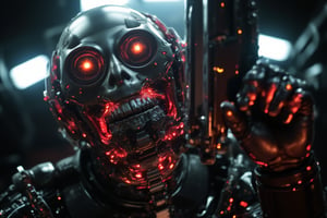 A razor-sharp close-up frame captures the extraterrestrial's snarling visage, camera aligned directly in front of its menacing gaze. Neon lighting with a reddish tint illuminates the alien's fiery stare, gritted lips convey an air of hostility. The mechanical suit, a testament to its technological advancements, appears imposing against the blurry metallic backdrop. The composition centers on the alien's agitated face, where a raised gun casts a dark shadow across its features, exuding tension and foreboding.