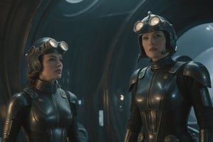 A tense standoff unfolds within the foggy confines of a retro-futuristic spaceship. Fritz Lang's protagonist stands firm, clad in worn leather and goggles, as two women and one man clad in steam-powered armor prepare for battle against an otherworldly foe. A striking female figure, donning a metallic spacesuit and 1910-era hairstyles, fixes her gaze on the encroaching extraterrestrial threat. Amidst the chaos, she remains steadfast. The dimly lit interior is illuminated only by the eerie glow of the moonlit metropolis visible through the portholes, casting an ominous light on the impending conflict.