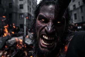 A close-up shot of the barbarian  face, the camera positioned directly in front of it to emphasize its menacing demeanor. The bonfire  lighting , with a hint of red tint to accentuate the barbarian;s fiery gaze. Its teeth are shown , as it growls at me through gritted lips. In the background, a blurry, old city  environment stretches out, adding to the sense of tension and foreboding. The composition focuses on the Barbarian's agitated face, with the sword raised and ready to strike , casting a dark shadow across its features.