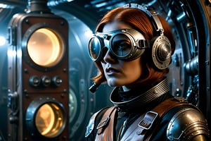 A tense standoff unfolds within the foggy confines of a retro-futuristic spaceship. Fritz Lang's protagonist stands firm, clad in worn leather and goggles, as two women and one man clad in steam-powered armor prepare for battle against an otherworldly foe. A striking female figure, donning a metallic spacesuit and 1910-era hairstyles, fixes her gaze on the encroaching extraterrestrial threat. Amidst the chaos, she remains steadfast. The dimly lit interior is illuminated only by the eerie glow of the moonlit metropolis visible through the portholes, casting an ominous light on the impending conflict.