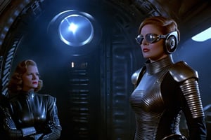 A tense standoff unfolds within the foggy confines of a retro-futuristic spaceship. Fritz Lang's protagonist stands firm, clad in worn leather and goggles,(( a reptile humanoid alien)) as two women and one man clad in steam-powered armor prepare for battle against an otherworldly foe. A striking female figure, donning a metallic spacesuit and 1910-era hairstyles, fixes her gaze on the encroaching extraterrestrial threat. Amidst the chaos, she remains steadfast. The dimly lit interior is illuminated only by the eerie glow of the moonlit metropolis visible through the portholes, casting an ominous light on the impending conflict., laser gun, M16 Rifle series,FN SCAR-HL