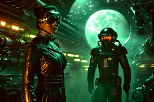 A tense standoff unfolds within the foggy confines of a retro-futuristic spaceship. Fritz Lang's protagonist stands firm, clad in worn leather and goggles, as two women and one man clad in steam-powered armor prepare for battle against an otherworldly foe. A striking female figure, donning a metallic spacesuit and 1910-era hairstyles, a robot assits them, fixes her gaze on the encroaching extraterrestrial threat. Amidst the chaos, she remains steadfast. The dimly lit interior is illuminated only by the eerie glow of the moonlit metropolis visible through the portholes, casting an ominous light on the impending conflict.