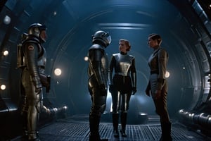 A tense standoff unfolds within the foggy confines of a retro-futuristic spaceship. Fritz Lang's protagonist stands firm, clad in worn leather and goggles, as two women and one man clad in steam-powered armor prepare for battle against an otherworldly foe. A striking female figure, donning a metallic spacesuit and 1910-era hairstyles, fixes her gaze on the encroaching extraterrestrial threat. Amidst the chaos, she remains steadfast. The dimly lit interior is illuminated only by the eerie glow of the moonlit metropolis visible through the portholes, casting an ominous light on the impending conflict.