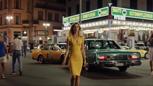  a blonde woman wearing a tight yellow dress , walking in a busy street , 70s vintage look 