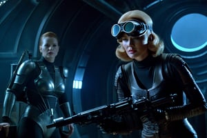 A tense standoff unfolds within the foggy confines of a retro-futuristic spaceship. Fritz Lang's protagonist stands firm, clad in worn leather and goggles,(( a reptile humanoid alien)) as two women and one man clad in steam-powered armor prepare for battle against an otherworldly foe. A striking female figure, donning a metallic spacesuit and 1910-era hairstyles, fixes her gaze on the encroaching extraterrestrial threat. Amidst the chaos, she remains steadfast. The dimly lit interior is illuminated only by the eerie glow of the moonlit metropolis visible through the portholes, casting an ominous light on the impending conflict., laser gun, M16 Rifle series,FN SCAR-HL