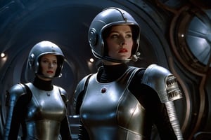 A tense standoff unfolds within the foggy confines of a retro-futuristic spaceship. Fritz Lang's protagonist stands firm, clad in worn leather and goggles, as two women and one man clad in steam-powered armor prepare for battle against an otherworldly foe. A striking female figure, donning a metallic spacesuit and 1910-era hairstyles, a robot assits them, fixes her gaze on the encroaching extraterrestrial threat. Amidst the chaos, she remains steadfast. The dimly lit interior is illuminated only by the eerie glow of the moonlit metropolis visible through the portholes, casting an ominous light on the impending conflict.