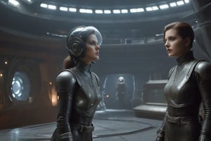 A tense standoff unfolds within the foggy confines of a retro-futuristic spaceship. Fritz Lang's protagonist stands firm, clad in worn leather and goggles, as two women and one man clad in steam-powered armor prepare for battle against an otherworldly foe. A striking female figure, donning a metallic spacesuit and 1910-era hairstyles, fixes her gaze on the encroaching extraterrestrial threat. Amidst the chaos, she remains steadfast. The dimly lit interior is illuminated only by the eerie glow of the moonlit metropolis visible through the portholes, casting an ominous light on the impending conflict.,facial expression,Maschinenmensch1024