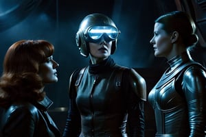 A tense standoff unfolds within the foggy confines of a retro-futuristic spaceship. Fritz Lang's protagonist stands firm, clad in worn leather and goggles, as two women and one man clad in steam-powered armor prepare for battle against an otherworldly foe. A striking female figure, donning a metallic spacesuit and 1910-era hairstyles, a robot assits them, fixes her gaze on the encroaching extraterrestrial threat. Amidst the chaos, she remains steadfast. The dimly lit interior is illuminated only by the eerie glow of the moonlit metropolis visible through the portholes, casting an ominous light on the impending conflict.