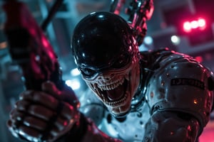 A close-up shot of the extraterrestrial's snarling face, the camera positioned directly in front of it to emphasize its menacing demeanor. the alien is wearing a enhanced rmechanical suiit, The neon lighting , with a hint of red tint to accentuate the alien's fiery gaze. Its teeth are bared, revealing sharp, pointed fangs, as it growls at me through gritted lips. In the background, a blurry, metallic environment stretches out, adding to the sense of tension and foreboding. The composition focuses on the alien's agitated face, with the gun raised and ready to fire, casting a dark shadow across its features.