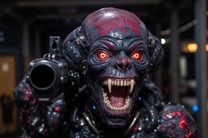 A close-up shot of the extraterrestrial's snarling face, the camera positioned directly in front of it to emphasize its menacing demeanor. the alien is wearing a enhanced rmechanical suiit, The neon lighting , with a hint of red tint to accentuate the alien's fiery gaze. Its teeth are bared, revealing sharp, pointed fangs, as it growls at me through gritted lips. In the background, a blurry, metallic environment stretches out, adding to the sense of tension and foreboding. The composition focuses on the alien's agitated face, with the gun raised and ready to fire, casting a dark shadow across its features.