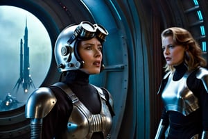 A tense standoff unfolds within the foggy confines of a retro-futuristic spaceship. Fritz Lang's protagonist stands firm, a robot is working, clad in worn leather and goggles, as two women and one man clad in steam-powered armor prepare for battle against an otherworldly foe. A striking female figure, donning a metallic spacesuit and 1910-era hairstyles, a robot assits them, fixes her gaze on the encroaching extraterrestrial threat. Amidst the chaos, she remains steadfast. The dimly lit interior is illuminated only by the eerie glow of the moonlit metropolis visible through the portholes, casting an ominous light on the impending conflict.,screaming,angry,anger