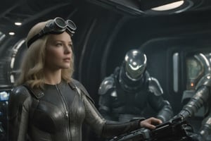 A tense standoff unfolds within the foggy confines of a retro-futuristic spaceship. Fritz Lang's protagonist stands firm, clad in worn leather and goggles, a reptile humanoid alien, as two women and one man clad in steam-powered armor prepare for battle against an otherworldly foe. A striking female figure, donning a metallic spacesuit and 1910-era hairstyles, fixes her gaze on the encroaching extraterrestrial threat. Amidst the chaos, she remains steadfast. The dimly lit interior is illuminated only by the eerie glow of the moonlit metropolis visible through the portholes, casting an ominous light on the impending conflict., laser gun, M16 Rifle series,FN SCAR-HL