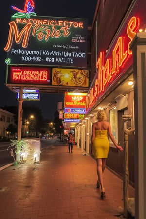 A cover of a magazine ,from  simplicissimus style. sultry blonde bombshell, hair styled in a Farrah Fawcett-esque flip, sashays down the vibrant sidewalk under the warm glow of neon lights. A snug yellow sundress hugs her curves as she confidently strides through the bustling street, high heels clicking out the rhythm. Retro-style billboards and neon signs create a lively backdrop as she disappears into the crowded summer night scene.