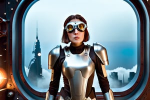 A tense standoff unfolds within the foggy confines of a retro-futuristic spaceship. Fritz Lang's protagonist stands firm, a robot is working, clad in worn leather and goggles, as two women and one man clad in steam-powered armor prepare for battle against an otherworldly foe. A striking female figure, donning a metallic spacesuit and 1910-era hairstyles, a robot assits them, fixes her gaze on the encroaching extraterrestrial threat. Amidst the chaos, she remains steadfast. The dimly lit interior is illuminated only by the eerie glow of the moonlit metropolis visible through the portholes, casting an ominous light on the impending conflict.