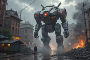 IMG_7867.JPG.Torrential rain pours down the street and  a chaotic scene unfolds as a swarm of mechanical behemoths, with gleaming metallic bodies and glowing red eyes, descends upon the city street. The once-quiet avenue is now a battleground, with towering robots stomping through debris and wreckage. In the foreground, a lone figure cowers amidst the destruction, while in the background, smoke and flames billow from overturned buildings.,MechGolemABM-BS01,MechWandererABM-WS01,MechSequrityABM-SQ01,iphone photo