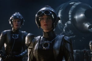 A tense standoff unfolds within the foggy confines of a retro-futuristic spaceship. Fritz Lang's protagonist stands firm, clad in worn leather and goggles, as two women and one man clad in steam-powered armor prepare for battle against an otherworldly foe. A striking female figure, donning a metallic spacesuit and 1910-era hairstyles, fixes her gaze on the encroaching extraterrestrial threat. Amidst the chaos, she remains steadfast. The dimly lit interior is illuminated only by the eerie glow of the moonlit metropolis visible through the portholes, casting an ominous light on the impending conflict.