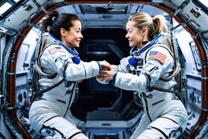 Two female astronauts float in zero gravity inside a space station, conversing with each other as they move through the station.,