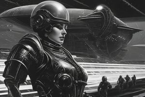 A tense standoff unfolds within the foggy confines of a retro-futuristic spaceship. Fritz Lang's protagonist stands firm, clad in worn leather and goggles, as two women and one man clad in steam-powered armor prepare for battle against an otherworldly foe. A striking female figure, donning a metallic spacesuit and 1910-era hairstyles, fixes her gaze on the encroaching extraterrestrial threat. Amidst the chaos, she remains steadfast. The dimly lit interior is illuminated only by the eerie glow of the moonlit metropolis visible through the portholes, casting an ominous light on the impending conflict.