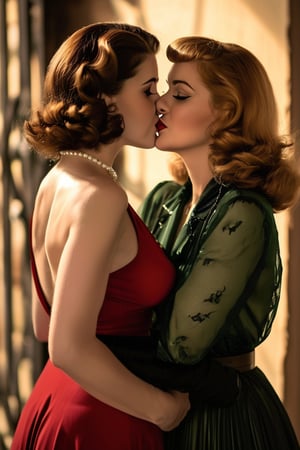 classic 40s film, lesbian  girlfriend films ,full body shot, shot from above,50yo two women ,sloppy french tongue kissing, tongue out, smiling, tied up,  big eyelashes, standing, embracing with passion, gropping each other ((mature Reagan Foxx and helen mirren )) ,smiling, long brunnete  bob haircut, haircut, big breasts, vintage party dress long skirt,  12" high heels pump shoes , dungeon , RAW, masterpice,licking each other's tongues,kissing each other