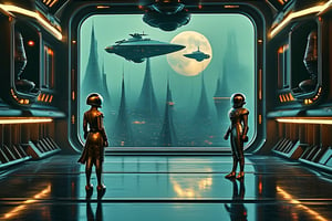 A tense standoff unfolds within the foggy confines of a retro-futuristic spaceship. Fritz Lang's protagonist stands firm, clad in worn leather and goggles, as two women and one man clad in steam-powered armor prepare for battle against an otherworldly foe. A striking female figure, donning a metallic spacesuit and 1910-era hairstyles, a robot assits them, fixes her gaze on the encroaching extraterrestrial threat. Amidst the chaos, she remains steadfast. The dimly lit interior is illuminated only by the eerie glow of the moonlit metropolis visible through the portholes, casting an ominous light on the impending conflict.