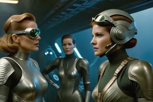 A tense standoff unfolds within the foggy confines of a retro-futuristic spaceship. Fritz Lang's protagonist stands firm, clad in worn leather and goggles,(( a reptile humanoid alien)) as two women and one man clad in steam-powered armor prepare for battle against an otherworldly foe. A striking female figure, donning a metallic spacesuit and 1910-era hairstyles, fixes her gaze on the encroaching extraterrestrial threat. Amidst the chaos, she remains steadfast. The dimly lit interior is illuminated only by the eerie glow of the moonlit metropolis visible through the portholes, casting an ominous light on the impending conflict., laser gun, M16 Rifle series,FN SCAR-HL