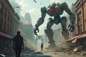 A chaotic scene unfolds as a swarm of mechanical behemoths, with gleaming metallic bodies and glowing red eyes, descends upon the city street. The once-quiet avenue is now a battleground, with towering robots stomping through debris and wreckage. In the foreground, a lone figure cowers amidst the destruction, while in the background, smoke and flames billow from overturned buildings.