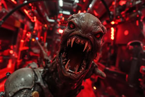 A close-up shot of the extraterrestrial's snarling face, the camera positioned directly in front of it to emphasize its menacing demeanor. The neon lighting , with a hint of red tint to accentuate the alien's fiery gaze. Its teeth are bared, revealing sharp, pointed fangs, as it growls at me through gritted lips. In the background, a blurry, metallic environment stretches out, adding to the sense of tension and foreboding. The composition focuses on the alien's agitated face, with the gun raised and ready to fire, casting a dark shadow across its features.