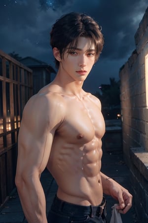 8K,RAW Photo,Highest Quality,Realistic,2 Handsome Men,Intricate Detail,Masculinity,Night Sky,Soft Light,Cinematic Light,Close-up,Lovely,Blue Eyes,Skinny,Complex 3D image,high detail,1 handsome young man (nsfw) real human skin,vivid details,realistic,photorealistic,beautiful details,masterpiece,quality Best quality,official art,extremely detailed 8k CG unity wallpaper,realistic,quality images,six-pack boy,muscular,muscular,22 years old,beautiful eyes,detailed face