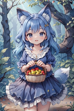 indigo fox,masterpiece,best quality,wearing dress,holding basket fruit,happy,looking at viewer,forest scenery