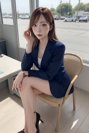 Attractive lady wearing a office look,  sunny atmosphere, summer vibes, natural lighting, high detail, natural pose, trending on artstation, 4k resolution, taeyeonlorashy,3un, eye to eye,taeyeonlorashy, full body,better_hands