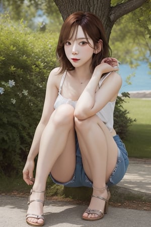 Attractive lady wearing a model look,  sunny atmosphere, summer vibes, natural lighting, high detail, natural pose, trending on artstation, 4k resolution, taeyeonlorashy,eye to eye, full body,better_hands