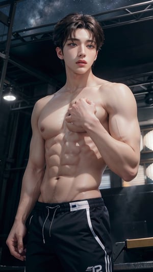 8K,RAW Photo,Highest Quality,Realistic,2 Handsome Men,Intricate Detail,Masculinity,Night Sky,Soft Light,Cinematic Light,Close-up,Lovely,Blue Eyes,Skinny,Complex 3D image,high detail,1 handsome young man (nsfw) real human skin,vivid details,realistic,photorealistic,beautiful details,masterpiece,quality Best quality,official art,extremely detailed 8k CG unity wallpaper,realistic,quality images,six-pack boy,muscular,muscular,22 years old,beautiful eyes,detailed face,sport wear, kpop, stage