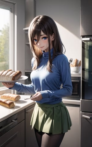 high_resolution, masterpiece, 1girl, brown hair, female_solo, medium breast, solo, smile, rubbor, blue eyes, girly_hair, long hair, cute, innocent, green skirt, blue sweater, long sleeve, earphones, pantyhose, black pantyhose, morning, kitchen, fancy kitchen, bread, coocking bread, shy, nervous, fridge, oven, bread in table, bread in plate 