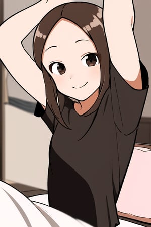 masterpiece, 1girl, brown-hair , forehead, solo, smile, black shirt, bedroom, rubbor, bed, short_sleeves, in bed,, shiny_hair, next to viewer, white pillow, morning, brown eyes, waking up, stretching