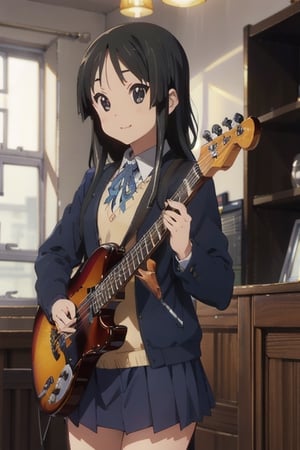 masterpiece, best quality, high_res, solo, skirt, blue jacket, school_uniforms, hair between eyes, long sleeves, stage, holding instrument, bass, small chest, happy, smile,mio akiyama