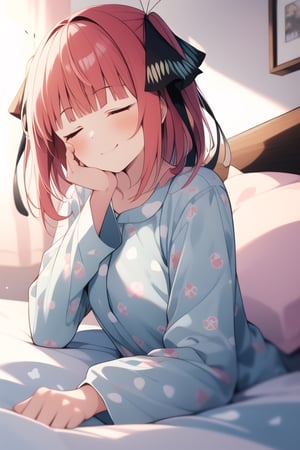 masterpiece, 1girl, pink-hair , ribbon, solo, smile, black ribbon, bedroom, rubbor, bed, short_sleeves, in bed,, shiny_hair, next to viewer, white pillow, morning, waking up, pijama, blue pijama, sleeping, closed eyes