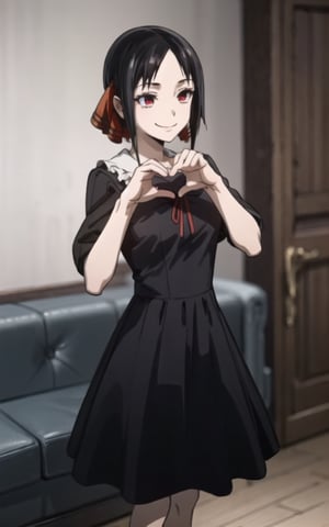 high_resolution, masterpiece, 1girl, black hair, female_solo, hair lock, small breast, solo, smile, closed smile ,rubbor, red eyes, girly_hair, cute, black dress, uniform, dress, ribbon, red ribbon, , face, Heart hands pose, pose,ff14bg,shinomiya kaguya, epic background