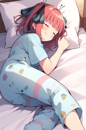 masterpiece, 1girl, pink-hair , ribbon, solo, smile, black ribbon, bedroom, rubbor, bed, short_sleeves, in bed, shiny_hair, next to viewer, white pillow, morning, waking up, pijama, blue pijama, sleeping, closed eyes, lying_down, under comforter