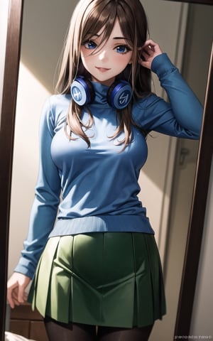 high_resolution, masterpiece, 1girl, brown hair, female_solo, medium breast, solo, smile, rubbor, blue eyes, girly_hair, long hair, bedroom, cute, innocent, green skirt, blue sweater, long sleeve, earphones, pantyhose, black pantyhose, mirror, morning, looking at mirror , posing 