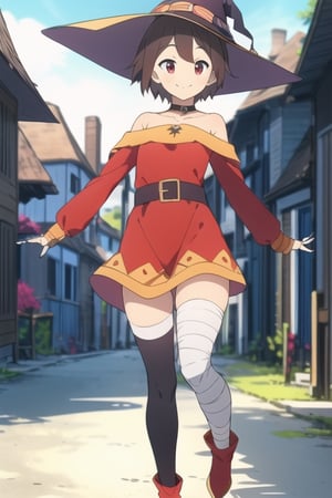 high_resolution, masterpiece, 1girl, brown hair, female_solo, smile, rubbor, short-hair, shiny_hair, red eyes, slim, small breast, large sock, black sock, sock in one leg, hat, witch hat, hat with scarecrow, red top, top, top with golden border, short dress, dress shoulders downs, belt, bandages in leg, bandage in one leg,  village, medieval village, medieval town, posing, walking