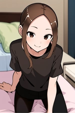 masterpiece, 1girl, brown-hair , forehead ,brown_eyes, solo, smile, sefuku, black shirt, bedroom, rubbor, bed, short_sleeves, in bed, seductive_pose, seductive_look, pantyhose, shiny_hair, shiny_skin