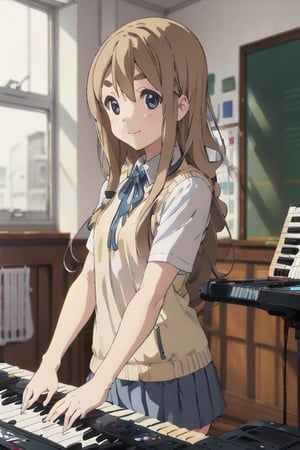 masterpiece, best quality, high_res, solo, skirt,, school_uniforms, hair between eyes, short sleeves, stage, playng instrument, digital piano, small chest, happy, smile, , school room 