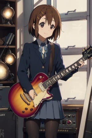 masterpiece, best quality, highres, gotou1, hirasawa yuii, solo, skirt, blue jacket, school_uniforms, hair between eyes, long sleeves, stage, holding instrument, guitar, small chest, pantyhose, happy, smile,