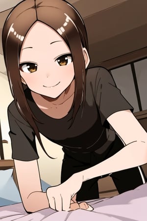 masterpiece, 1girl, brown-hair , forehead ,brown_eyes, solo, smile, sefuku, black shirt, bedroom, rubbor, bed, short_sleeves, in bed, seductive_pose, seductive_look, pantyhose, shiny_hair, shiny_skin, teasing