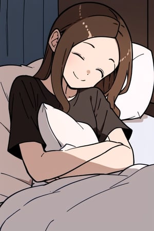 masterpiece, 1girl, brown-hair , forehead, solo, smile, black shirt, bedroom, rubbor, bed, short_sleeves, in bed, sleeping, shiny_hair, next to viewer, white pillow, asleep, lights off