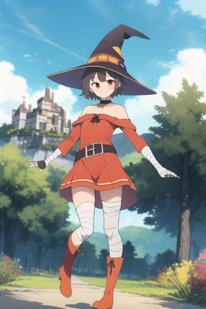 high_resolution, masterpiece, 1girl, brown hair, female_solo, smile, rubbor, short-hair, shiny_hair, red eyes, slim, small breast, coak, black coak, large sock, black sock, sock in one leg, hat, witch hat, hat with scarecrow, red top, top, top with golden border, boots, orange boots, short dress, dress shoulders downs, belt, bandages in leg, bandage in one leg, mountain, castle, castle in mountain, in front castle, looking at castle, trees, clouds, sky posing,