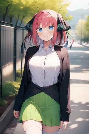 high_resolution, masterpiece, 1girl, pink-hair , ribbon, solo, smile, black ribbon, rubbor,short_sleeves, shiny_hair, morning, blue eyes, white shirt, green skirt, white stockings, walking, trees, posing, black sweater, open sweater, sweater, unbuttoned, unbuttoned sweater, visible shirt, shirt and sweater, white shirt, school, outside school, entrance, highschool, 