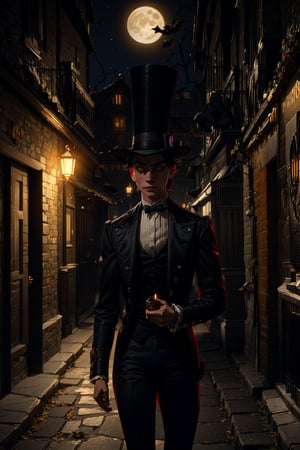 masterpiece, 16K, intricate details, highest resolution, holding an old 18th century lantern, unreal engine, detailed scene, a haunting skinny guy, pale skin, (extremely long black hair), wearing a top hat, crows flying, wearing a all black outfit from the 1800s, 18th century all black attire, top hat, black top hat, candid shot, in 18th century Londonian alley, London alley, gothic, at night, full moon, fog, holding a 18th century lantern, halloween pumpkins decorating the path,SAM YANG